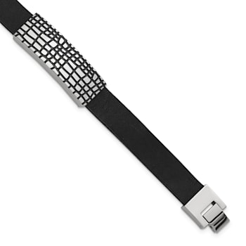 Black Leather and Stainless Steel Textured Enamel ID 7.5-inch with
.5-inch Extension Bracelet