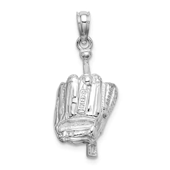 Rhodium Over 14k White Gold 3D Polished and Textured Glove/Bat/Baseball Pendant