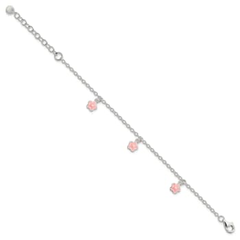 Sterling Silver Pink Enamel Flowers with 1.5-inch Extension Children's Bracelet