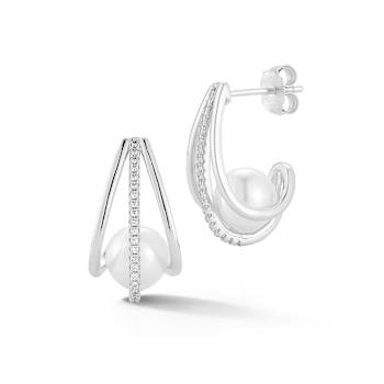 Rachel Zoe Freshwater Pearl and CZ Cage Hoop Earrings in Rhodium Over
Sterling Silver