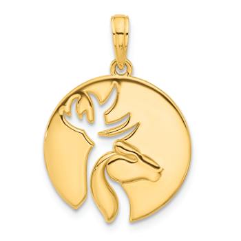 14k Yellow Gold Polished Cut-out Deer Head Circle Pendant