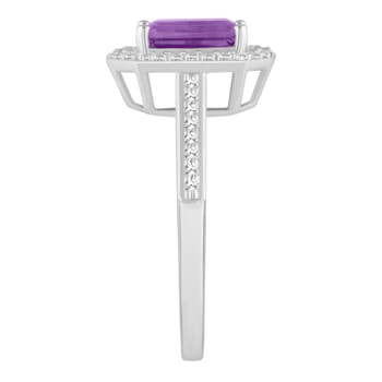 8x6mm Emerald Cut Amethyst 1/5 ctw Diamond Rhodium Over Sterling Silver
Halo Ring
