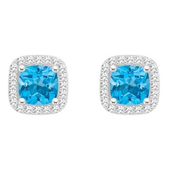 5mm Cushion Blue Topaz 1/5 ctw Diamond Rhodium Over Sterling Silver Halo
Stud Earrings
