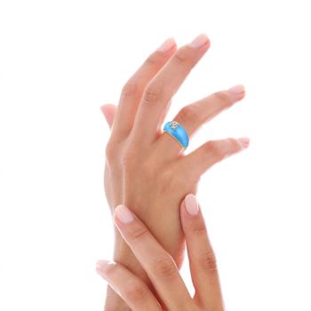 CZ And Blue Enamel Dome Ring In 14K Gold Over Brass
