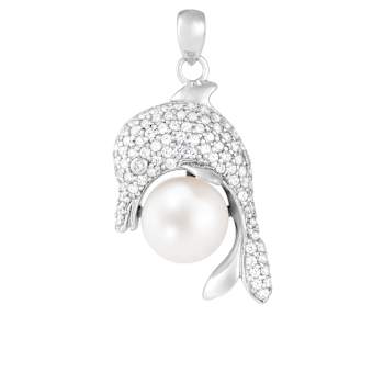 10-11mm Button White Cultured Freshwater Pearl and CZ Rhodium Over
Sterling Silver Pendant