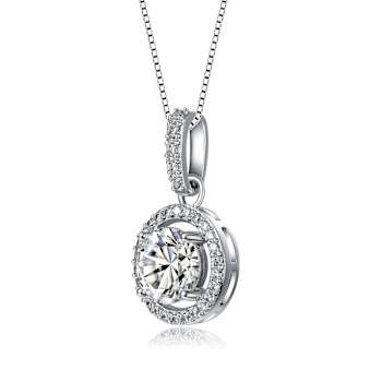 CZ Halo Pendant Necklace In White Rhodium Over Brass