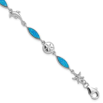 Rhodium Over Sterling Silver Lab Created Opal Sea Life Bracelet