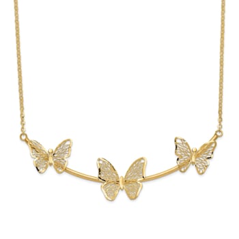 14K Yellow Gold Polished Filigree 3-Butterfly Bar Necklace