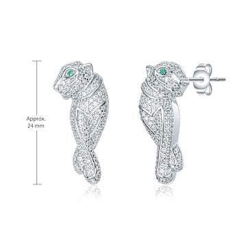 Emerald Color CZ Panther Drop Earrings In White Rhodium Over Brass