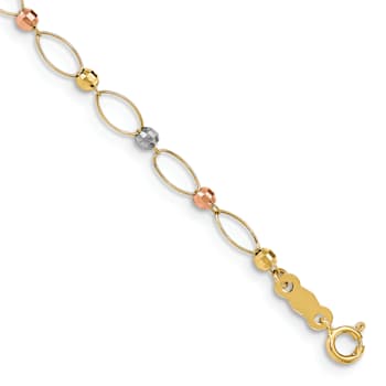 14K Yellow, White and Rose Gold Oval Link Tri-color Mirror Beads Bracelet