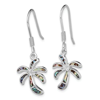 Rhodium Over Sterling Silver Abalone Palm Tree Earrings
