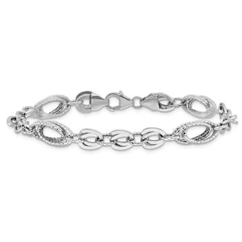 Rhodium Over 14k White Gold 8mm Polished and Textured Oval Fancy Link Bracelet