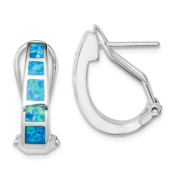 Rhodium Over Sterling Silver Polished Blue Created Opal Inlay J-Hoop Earrings