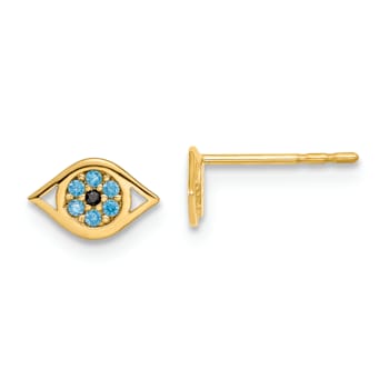 14K Yellow Gold Blue Cubic Zirconia Eye Post Earrings