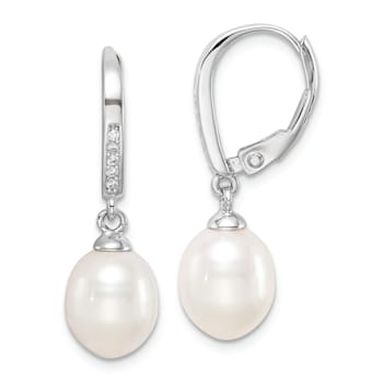 Rhodium Over Sterling Silver White 7-8mm Freshwater Cultured Pearl and
CZ Leverback Earrings