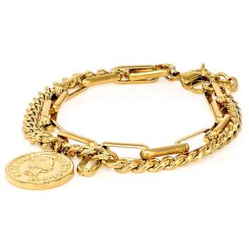 Paperclip And Curb Multi-Row Coin Charm Bracelet In Gold-Tone
