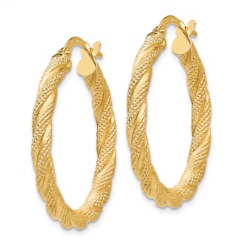 14k Yellow Gold 1 1/4" Twisted Textured Hoop Earrings