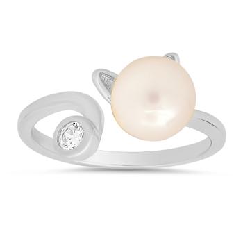 White Cubic Zirconia and 8mm Cultured Freshwater Pearl Rhodium Over
Sterling Silver Cat Ring 0.10ctw