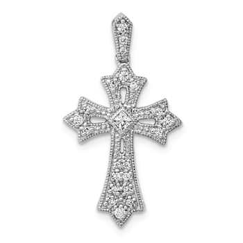 Rhodium Over 10k White Gold 0.17 ctw Diamond Fleur-de-Lis Cross Pendant