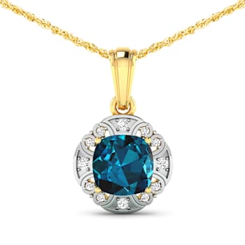 2.15ctw 14K Yellow Gold Blue London Blue Topaz and White Diamond Pendant
with 18 inch Cable Chain