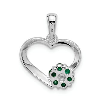 Rhodium Over 14k White Gold Heart and Flower Pendant with Diamond and Emerald