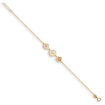 14K Yellow Gold with Pink and White Mother of Pearl Flowers 7-inch Bracelet