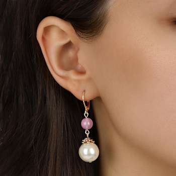 Gold Tone Pink & Faux Pearl Bead Drop Earring