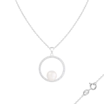 8-9mm White Cultured Freshwater Pearl Sterling Silver Pendant W/Chain