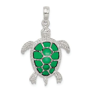 Rhodium Over Sterling Silver Polished Enameled Green Sea Turtle Pendant