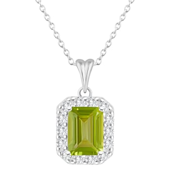 8x6mm Emerald Cut Peridot and White Topaz Accent Rhodium Over Sterling
Silver Halo Pendant w/Chain