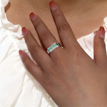 Oval Emerald and Round Moissanite Sterling Silver Wide Band Ring