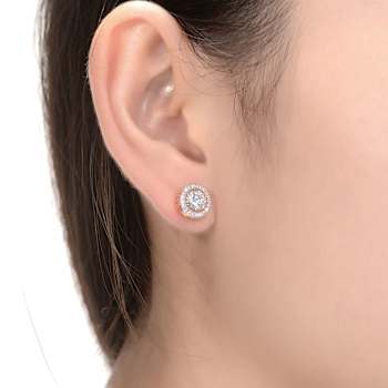 CZ Halo Stud Earrings In 18K Rose Gold Over Brass