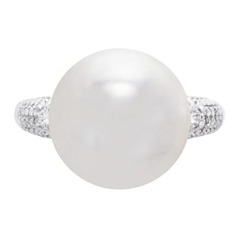 13-14mm Round White Freshwater Pearl with Diamond Accents 14K White Gold Ring