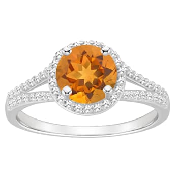 7mm Round Citrine 1/4 ctw Diamond Rhodium Over Sterling Silver Halo Ring