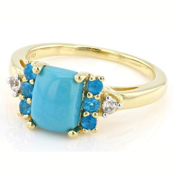 Turquoise, Neon Apatite And White Zircon Ring In 18K Gold Over Sterling
Silver 0.40ctw