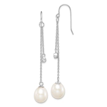 Rhodium Over Sterling Silver 9-10mm Freshwater Cultured Pearl and CZ
Dangle Earrings