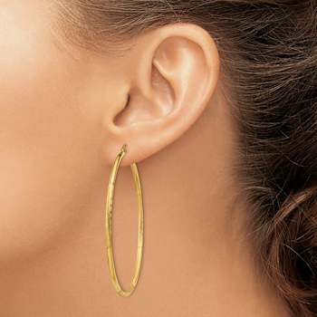 14k Yellow Gold 2 3/16" Satin and Diamond-Cut Round Tube Hoop Earrings