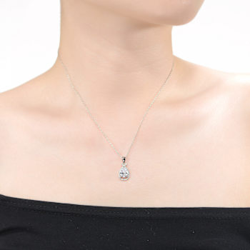 CZ Pear Shape Halo Pendant Necklace In White Rhodium Over Brass