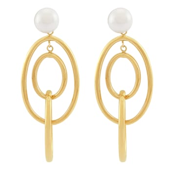 8-8.5mm Round White Freshwater Pearl 14K Yellow Gold Graduated Oval
Dangle Style Earrings