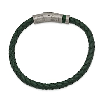 Green Leather and Stainless Steel Antiqued 8.25-inch Bracelet