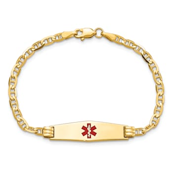 14k Yellow Gold Medical Soft Diamond Shape Red Enamel Mariner Link ID Bracelet