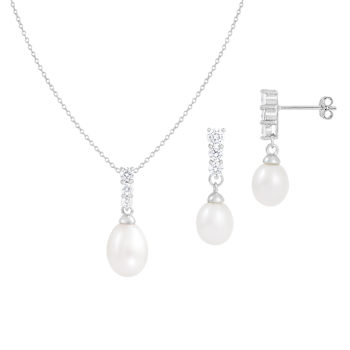 7-8mm Drop White Freshwater Pearl and CZ Rhodium Over Sterling Earring
and Pendant W/Chain Set
