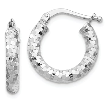 Rhodium Over 14K White Gold 3/8" Diamond-Cut Hoop Earrings