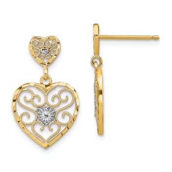 14k Yellow Gold and Rhodium Over 14k Yellow Gold Diamond-cut Heart
Beaded Filigree Dangle Earrings
