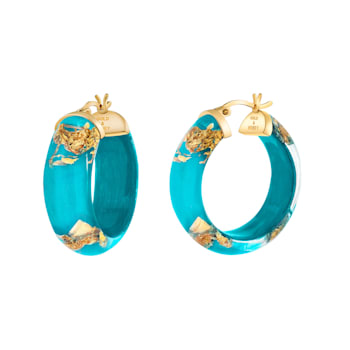 14K Yellow Gold Over Sterling Silver Mini Gold Leaf Acrylic Hoops in Teal