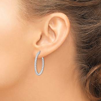 Rhodium Over Sterling Silver Beaded 3x25mm Hoop Earrings
