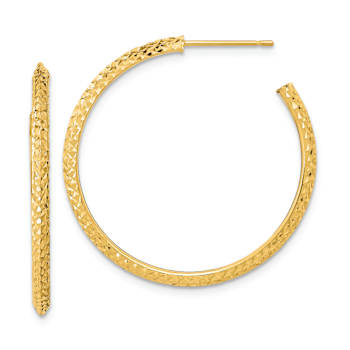14k Yellow Gold Polished and Diamond-Cut 1 1/4" Round C-Hoop Earrings