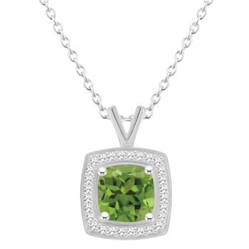 7mm Cushion Peridot 1/7 ctw Diamond Rhodium Over Sterling Silver Halo
Pendant with Chain