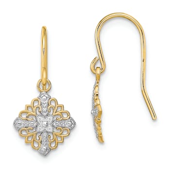 14K Yellow Gold and Rhodium Over 14K Yellow Gold Fancy Filigree Dangle Earrings