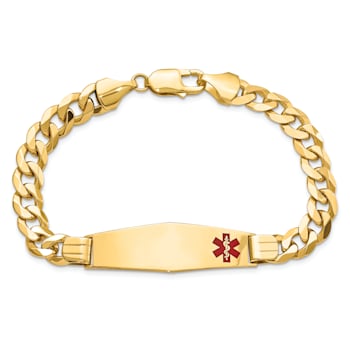 14k Yellow Gold Medical Soft Diamond Shape Red Enamel Flat Curb Link ID Bracelet